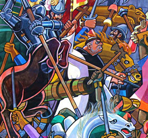 Cusco Mural: Spanish Conquistadors depiction